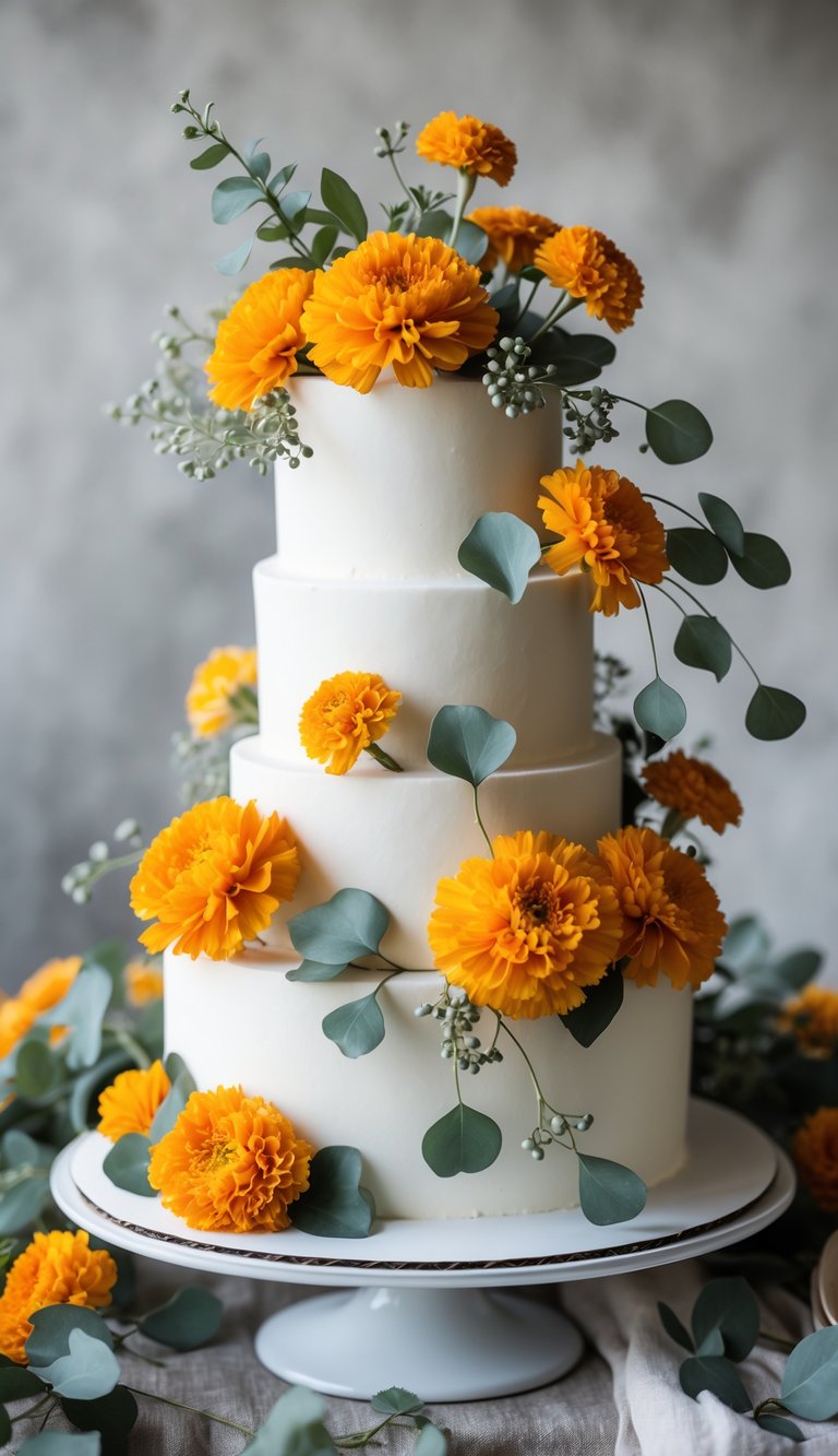 A multi-tiered wedding cake decorated with marigold flowers and eucalyptus leaves.